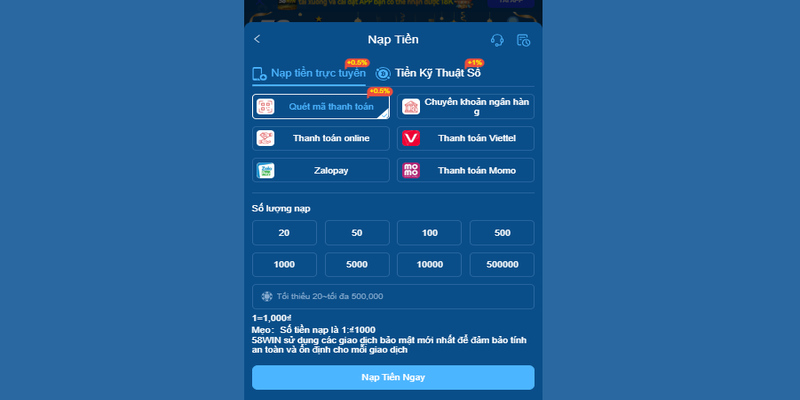 Nhà cái cung cấp hình thức nạp tiền nhanh gọn